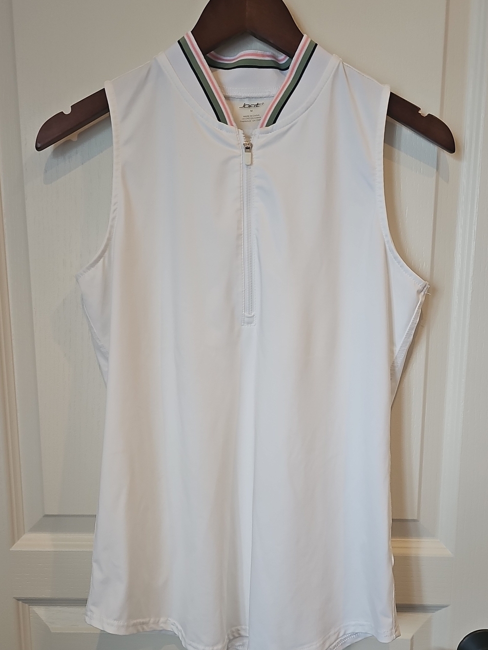Jofit White Sleeveless Zip Golf Tank with Pink and Green Trim
